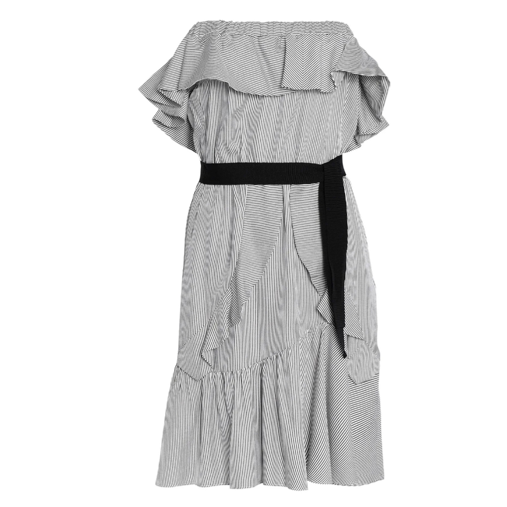 Maje Rigate Off-the-Shoulder Striped‎ Ruffle Tie Waist Dress